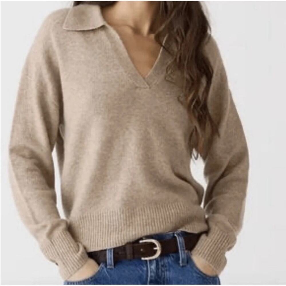 J Crew V Neck Sweater BJ597 Tan Brow Supersoft Yarn Knit XS Merino Wool 2023